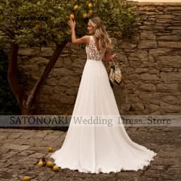 Customized Elegant Simple V-Neck Lace Chiffon Wedding Dress for Women A-Line Sleeveless Appliques Bride Gown Vestidos De Novia