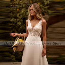 Customized Elegant Simple V-Neck Lace Chiffon Wedding Dress for Women A-Line Sleeveless Appliques Bride Gown Vestidos De Novia