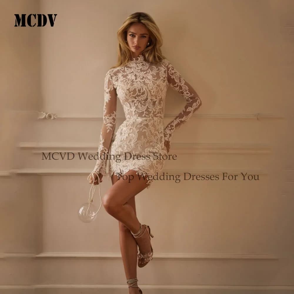 Civil Lace Wedding Dress Appliques High Neck Full Sleeves Mini Bride Gown Above Knee See Througt Customized свадебное платье