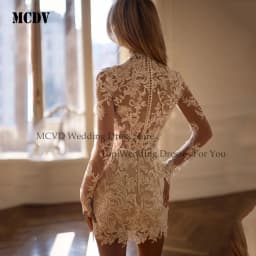 Civil Lace Wedding Dress Appliques High Neck Full Sleeves Mini Bride Gown Above Knee See Througt Customized свадебное платье