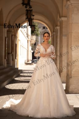 Ethymon Vintage Long Sleeves Wedding Dress for Bride V-neck Backless Lace Appliques Vestido De Casamento Customised Plus Size