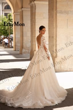 Ethymon Vintage Long Sleeves Wedding Dress for Bride V-neck Backless Lace Appliques Vestido De Casamento Customised Plus Size