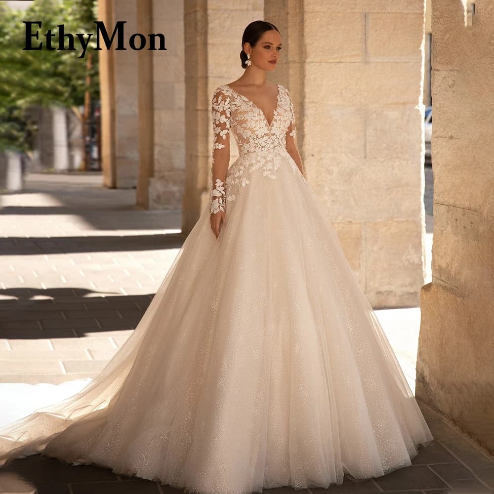 Ethymon Vintage Long Sleeves Wedding Dress for Bride V-neck Backless Lace Appliques Vestido De Casamento Customised Plus Size