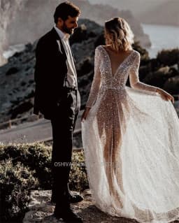 Mordern V- Neck Sequins Wedding Dresses Long Sleeves Floor Length Backless Bridal Gowns Robe De Marié