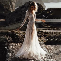 Mordern V- Neck Sequins Wedding Dresses Long Sleeves Floor Length Backless Bridal Gowns Robe De Marié