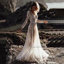 Mordern V- Neck Sequins Wedding Dresses Long Sleeves Floor Length Backless Bridal Gowns Robe De Marié