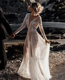Mordern V- Neck Sequins Wedding Dresses Long Sleeves Floor Length Backless Bridal Gowns Robe De Marié