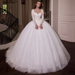 BEPEITHY Customized Princess Glitter Ivory Wedding Dresses Women Full Sleeves Lace Ball Bridal Gown Court Train 2026 Sweetheart