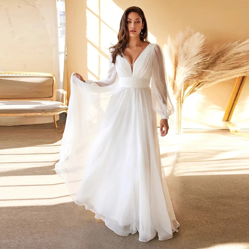 Cheap Chiffon Wedding Dress Long Sleeve Plus Size For Woman Floor Length V Neck Open Back Simple Bridal Gown For Bride Vestidos