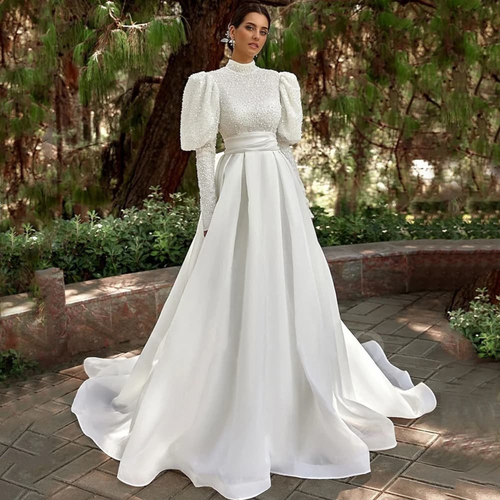 Exquisite High Neck Sequin Wedding Dress Puff Long Sleeves A-Line Floor Length with Belt Customized Sweep Train Bride Gowns Robe