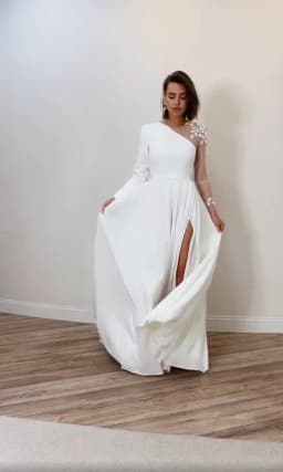 Asymmetrical Side Slit Wedding Dress Long Sleeve Civil Bridal Gown Party For Bride Button Applique Floor Length Свадебное платье