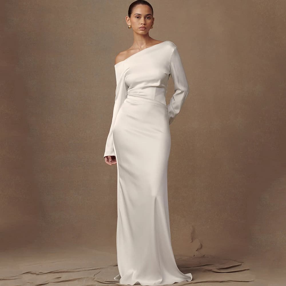 Welove Simple Boat Neck Mermaid Wedding Dress Bride Long Sleeves Off the Shoulder with Buttons Soft Satin Customized Gowns