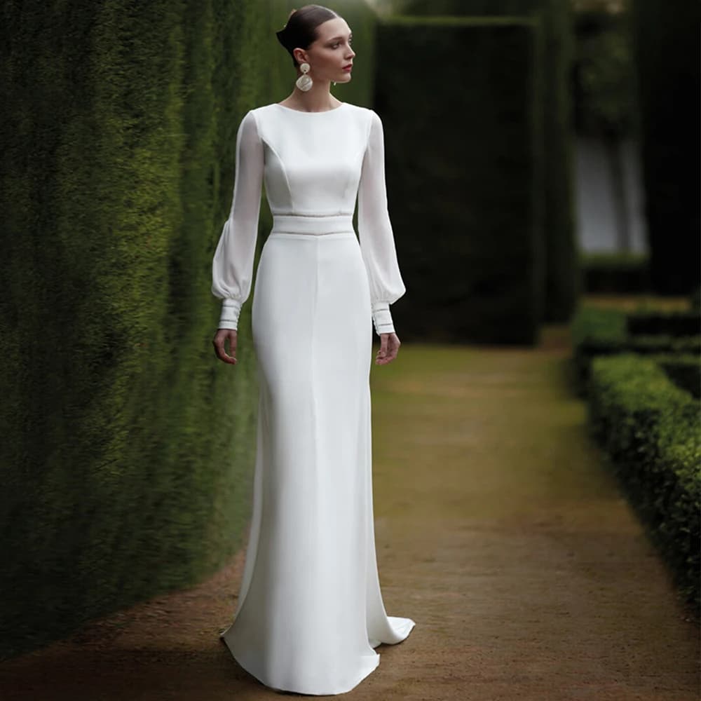 Customized Mermaid Wedding Dress Long Puffy Sleeves O Neck Trumpet Wedding Gowns for Women Backless Buttons Elegant Bridal Dress