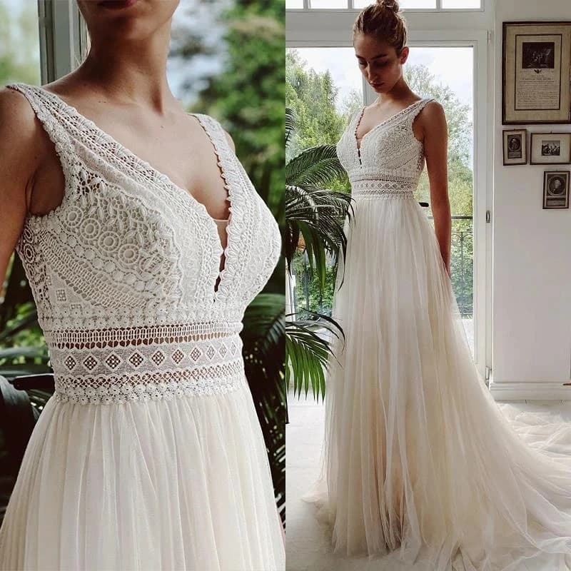 Customized Bohemian Wedding Dresses V Neck Appliques Lace Tulle Ivory Elegant Prom Gowns A-Line Bride Boho Vestidos De Novia