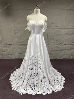 Customized Detachable Sleeves A Line Real Picture Wedding Dresses See Through Off the Shoulder Bridal Dress Lace and Satin