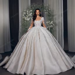 Exquisite Wedding Dress Satin With Embroidered Lace Ball Gown Full Sleeve Square Collar Customized Back Lace Up Vestido De Novia