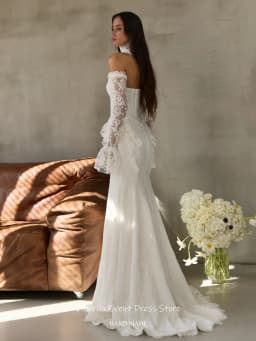 Dianruo Vintage Lace Flared Sleeves Wedding Dresses Appliques Women's Evening Dresses Mermaid Long Robe De Mariée Customized