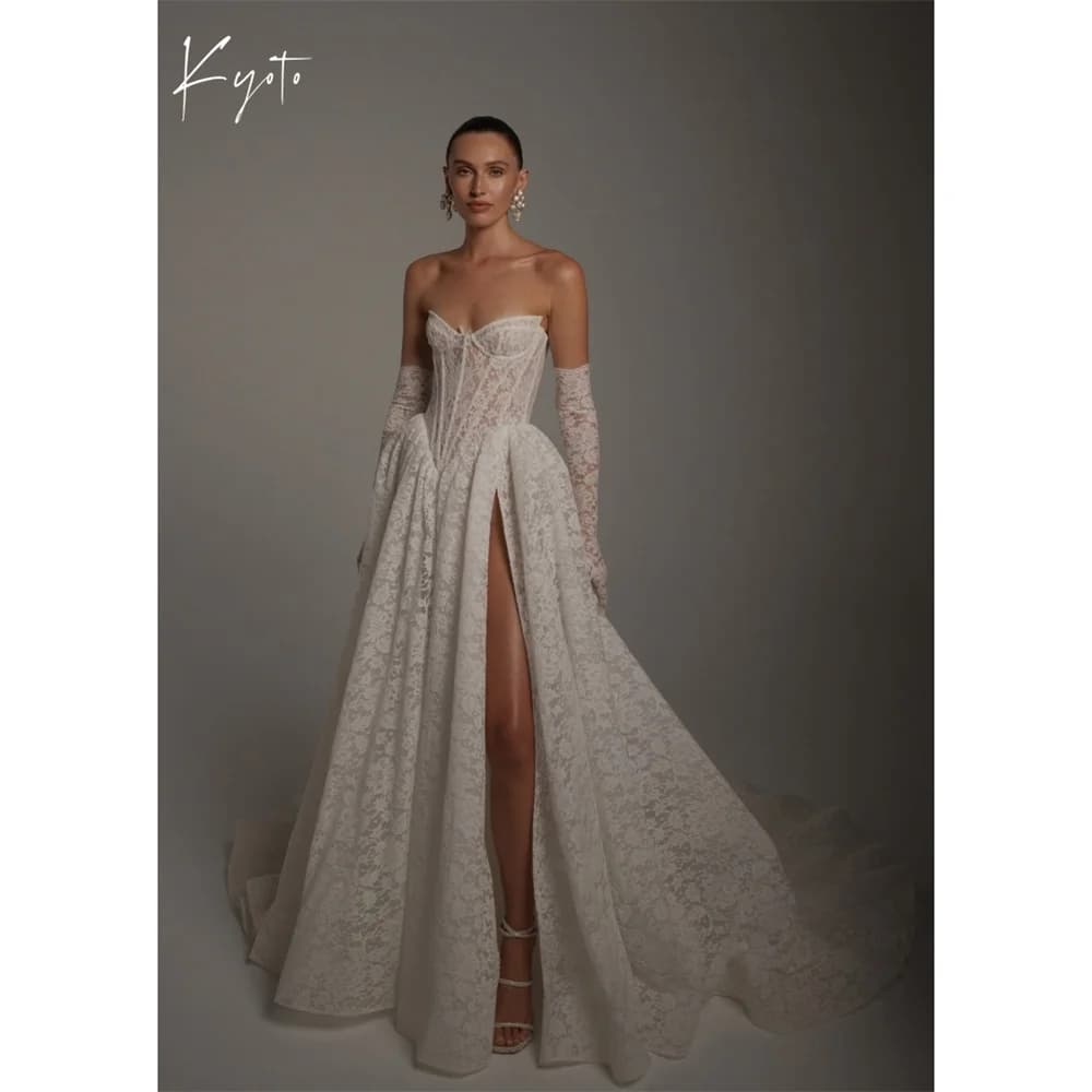 Kyoto Customized Ivory Strapless Floral Wedding Dress Detachable Sleeves Lace-Up Back vestidos de noiva A-Line Evening Dresses