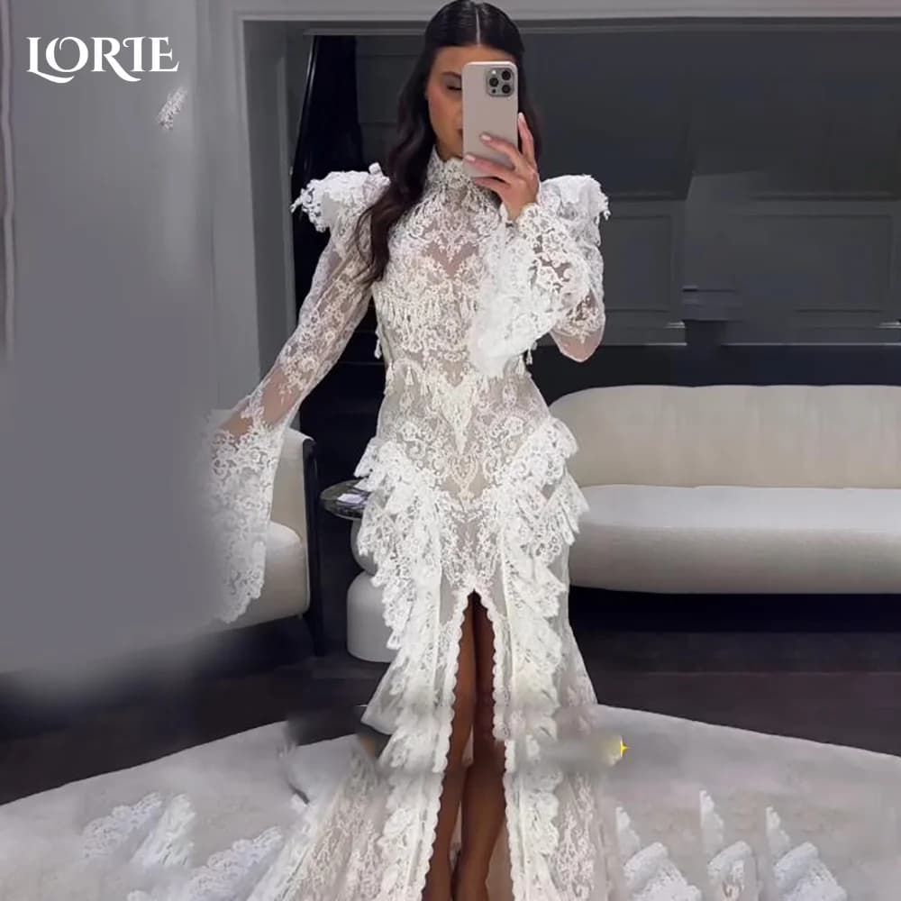 LORIE Vintage Lace Mermaid Wedding Dress Sexy High Collar Long Sleeve Bridal PartryGown Backless Princess Bride Dress Customized
