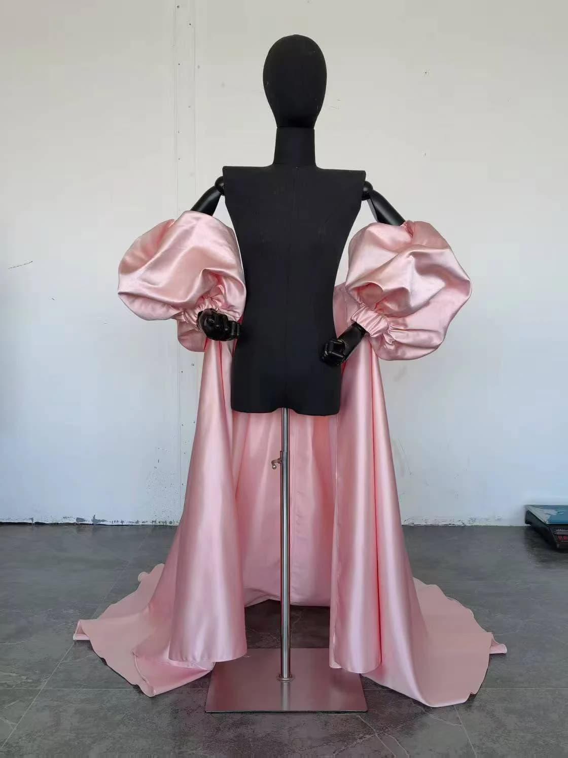 Pink Satin Detachable Train With Puff Sleeves Morden Formal Party Removable Cape Wedding Prom Overskirt Customized Skirt 2026