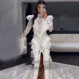 Luxury Women's Bridal Gowns Bohemian Lace Trumpet Sleeves High Collar Princess Ball Wedding Dresses Formal Party Customized Robe