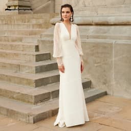 Sexy V Neck Open Back Lace Puff Sleeve Mermaid Wedding Dress for Women Boho Bridal Gown Vestidos De Novia 2025 Robe Customized