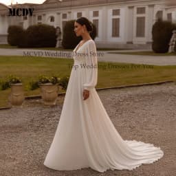 Chiffon A-Line Civil Wedding Dress Puff Sleeve V Neck Backless Vestido Noiva Minimalist Ivory Bride Party Gowns Customized