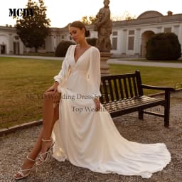 Chiffon A-Line Civil Wedding Dress Puff Sleeve V Neck Backless Vestido Noiva Minimalist Ivory Bride Party Gowns Customized