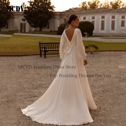 Chiffon A-Line Civil Wedding Dress Puff Sleeve V Neck Backless Vestido Noiva Minimalist Ivory Bride Party Gowns Customized