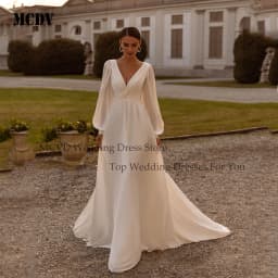 Chiffon A-Line Civil Wedding Dress Puff Sleeve V Neck Backless Vestido Noiva Minimalist Ivory Bride Party Gowns Customized