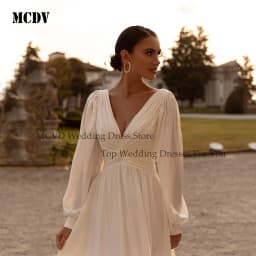 Chiffon A-Line Civil Wedding Dress Puff Sleeve V Neck Backless Vestido Noiva Minimalist Ivory Bride Party Gowns Customized