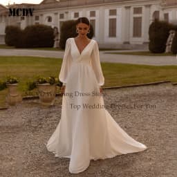Chiffon A-Line Civil Wedding Dress Puff Sleeve V Neck Backless Vestido Noiva Minimalist Ivory Bride Party Gowns Customized
