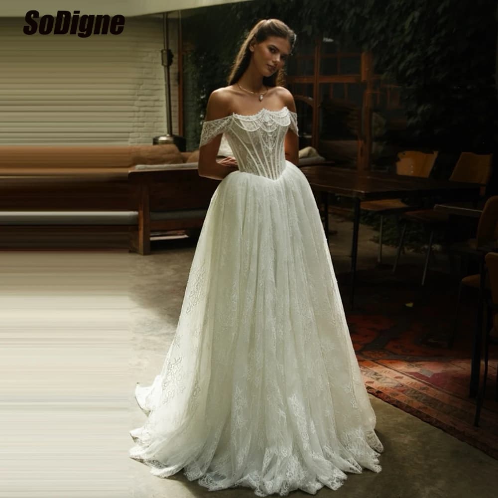  SoDigne A-line Off Shoulder Lace Wedding Dresses Sleeveless Bridal Dress Boho Long Bride Gown Vestidos De Novia Customized