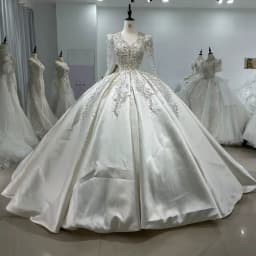 Customize Satin Wedding Dress Long Sleeve V-Neck Sequined Beading Luxury Bridal Dress Vestidos De Novia