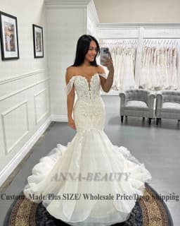 Anna Stylish Ruffles Wedding Dresses for Mariages Mermaid Lace Appliques Off the Shoulder Vestido de Casamento Customised