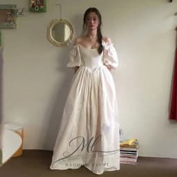 ML Simple Taffeta Wedding Dress Korea Photo Shoot Puff Sleeves Bridal Gown A line Floor Length 웨딩드레스 Customized