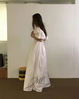 ML Simple Taffeta Wedding Dress Korea Photo Shoot Puff Sleeves Bridal Gown A line Floor Length 웨딩드레스 Customized