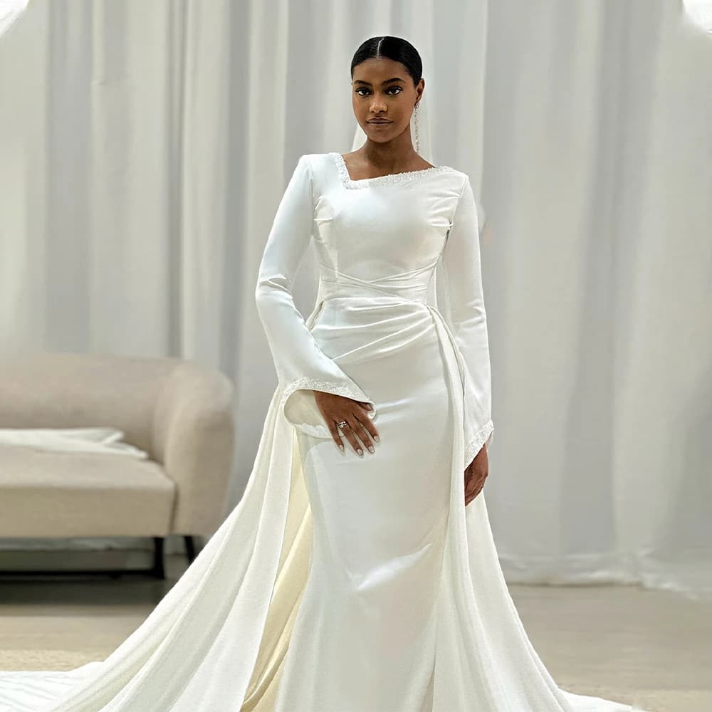 Popular Long Sleeves Unique Neckline Satin Mermaid Wedding Dresses With Detachable Train Custom Made 2025 Vestido De Noival