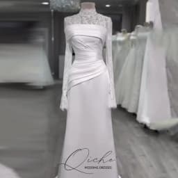 QICHE Satin Muslim Wedding Dresses High Neck Lace Full Sleeves Bride Gowns Dubai Modest White Long Bridal Dress Customized