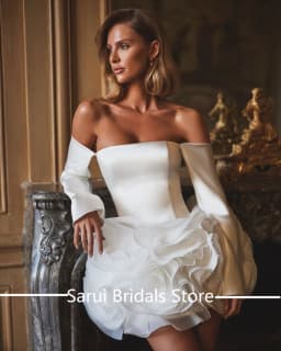Customized Bohemian Boat Collar Satin Solid Beaded Floral Wedding Dress Short Mini Backless Wedding Gown Long Sleeve