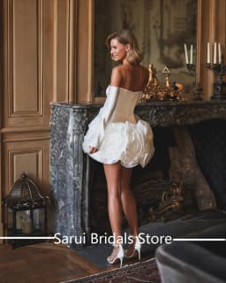 Customized Bohemian Boat Collar Satin Solid Beaded Floral Wedding Dress Short Mini Backless Wedding Gown Long Sleeve