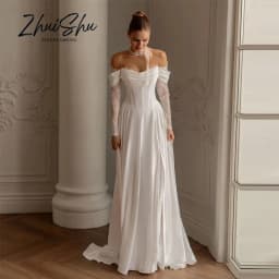 Elegant Ivory Satin Wedding Dresses Off Shoulder Lace Long Sleeves Bridal Gowns A line Long Robe De Mariée Customized 2026