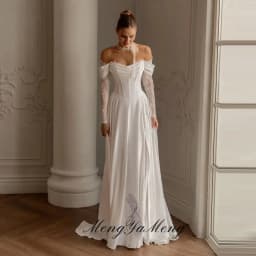 Elegant Ivory Satin Wedding Dresses Off Shoulder Lace Long Sleeves Bridal Gowns A line Long Robe De Mariée Customized 2026