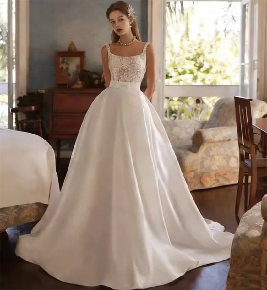 Customized Two Sets Vintage Luxury Lace Square Collar Short Wedding Dresses With Detachable Long Satin Skirt A-line Bridal Gowns