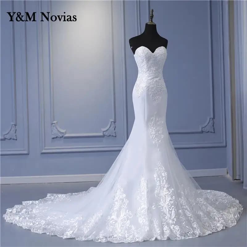 Y&M New Arabic Aso Ebi Vintage Lace Beaded Sequined Wedding Dresses Strapless Mermaid Bridal Dress Sexy Customized Wedding Gowns