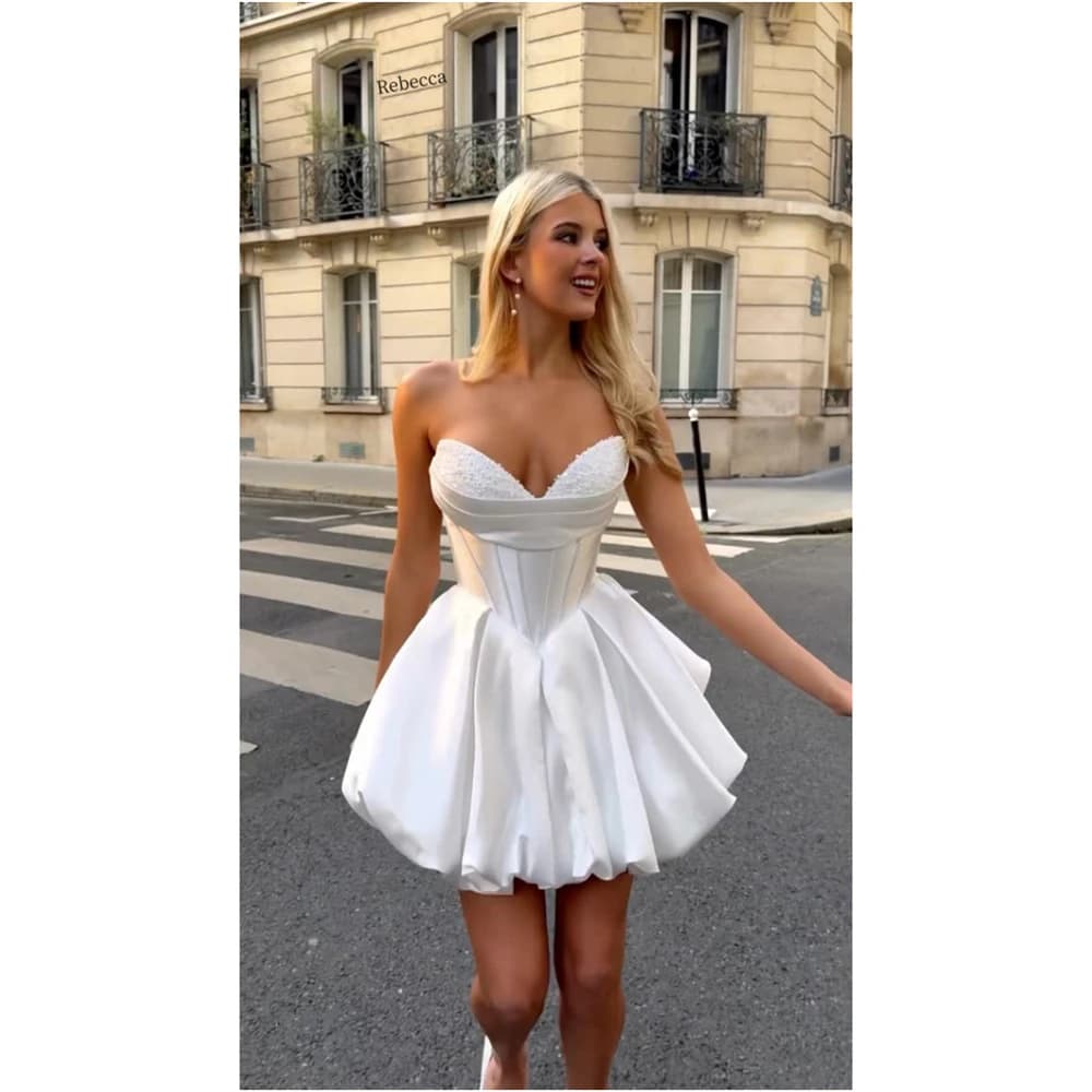 Rebecca Customized White Beaded Bud Skirt Wedding Dress Lace-Up Satin Pleats Vestidos De novia Sleeveless Mini After Party 2026