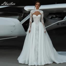 Lhuilier Customized A Line Strapless Lace Wedding Dresses Illusion Bridal Gowns with Removable Lace Jacket