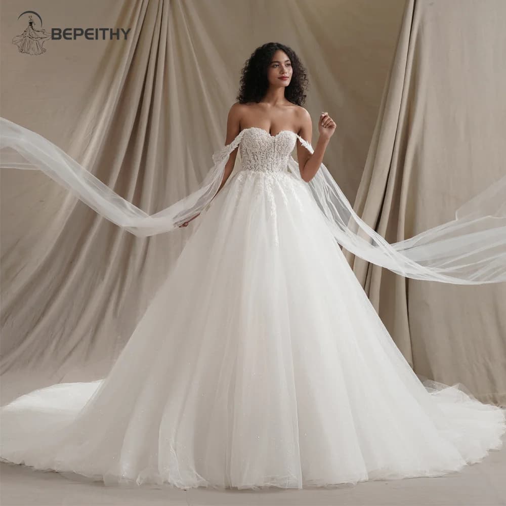 BEPEITHY Customized Sweetheart Glitter Princess Wedding Dresses For Women With Flown Bride Plus Size Ivory Bridal Ball Gown 2026