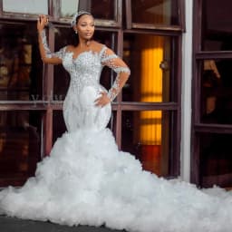 African Wedding Dresses Plus Size Luxury Mermaid Crystal Beaded Illusion Sleeve Ruffle Train High Quality Bridal Gown Customized