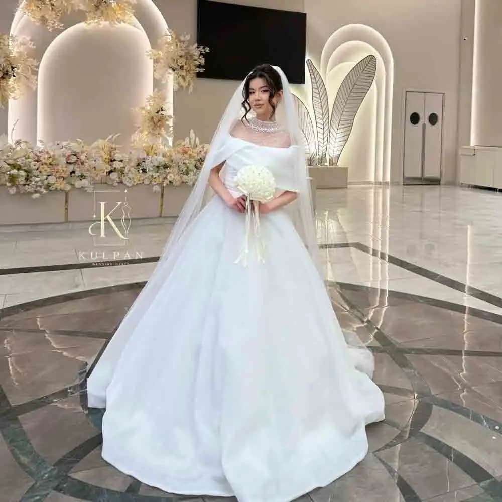 Customized Satin Ball Gown Wedding Dress Off Shoulder Cape Sleeve Pearl Sheer High Neck A Line Bridal Gown With Train We